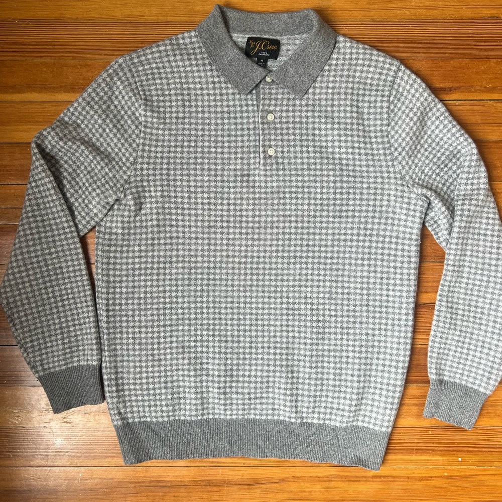 J Crew Cashmere Knit Polo Gray Houndstooth size M